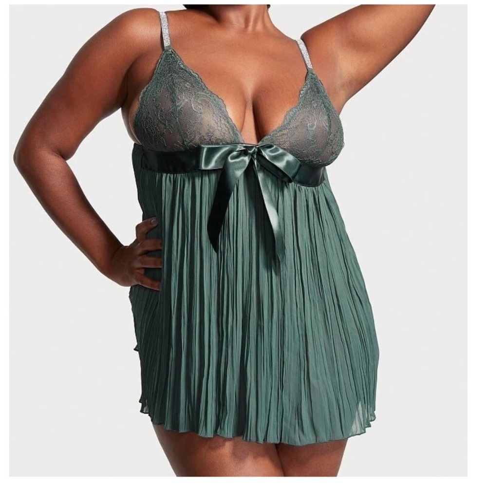 Victorias Secret Teal Lace Pleated Babydoll XL Rhinestone Straps Y2K Coquette